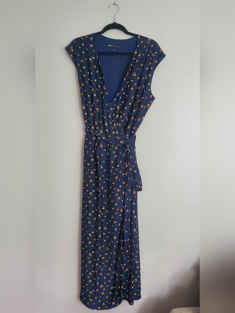 Jason WU Eloquii Wrap Maxi Dress in Navy with Yellow Floral Print Size 14
